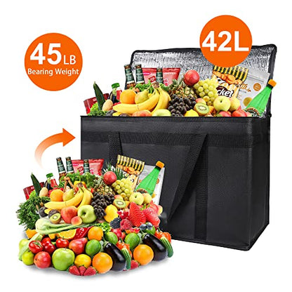 Bodaon 2-Pack Insulated Food Delivery Bag, XX-Large Reusable Grocery Shopping Bag, Frozen Food Cold, Cooler Bags with Zippered Top, Black