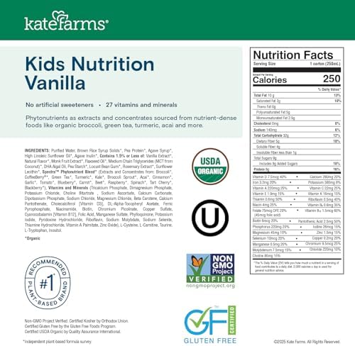 KATE FARMS Organic Kids Nutrition Vanilla Shake, 8g Protein, 27 Vitamins and Minerals, Meal Replacement, Gluten Free, Non-GMO, 8.45 oz (12 Pack)