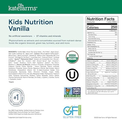 KATE FARMS Organic Kids Nutrition Vanilla Shake, 8g Protein, 27 Vitamins and Minerals, Meal Replacement, Gluten Free, Non-GMO, 8.45 oz (12 Pack)