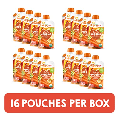 Happy Tot Organics Stage 4 Baby Food Pouches, Gluten Free, Vegan Snack, Love My Veggies, Fruit & Veggie Puree, Carrot, Banana, Mango & Sweet Potato, 4.22 Ounce (Pack of 16)