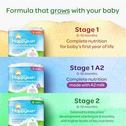 Happy Baby Organics Stage 1 Infant Formula, 0-12 Months, Milk Based Organic Baby Formula Powder with Iron, Probiotics & Prebiotics for Immune & Digestive Support, 22.9 Ounce (Pack of 1)