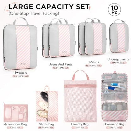 10 Set Compression Packing Cubes for Travel Essentials,Compressible Expandable Packing Cubes for Suitcase,OlarHike Luggage Organizer Bags for Travel,Handy Helper for Organizing Clothes(Pink Stripped)