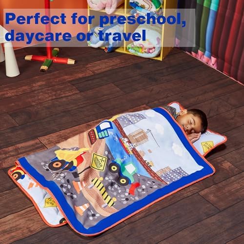 EVERYDAY KIDS Toddler Nap Mat with Removable Pillow -Under Construction- Carry Handle with Fastening Straps Closure, Rollup Design, Soft Microfiber for Preschool, Daycare, Sleeping Bag -Ages 2-6 years