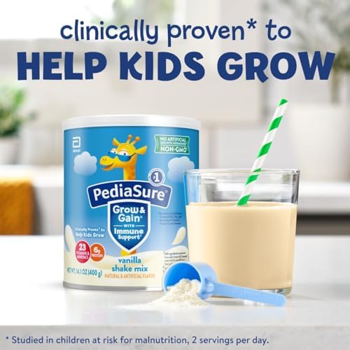 PediaSure Grow & Gain with Immune Support Shake Mix Powder, 23 Vitamins & Minerals, 6g Protein, Non-GMO, Gluten-Free, Kids Nutrition, Vanilla, 14.1 oz Can, Pack of 6-48 servings