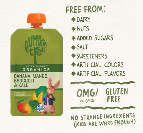 Pumpkin Tree Peter Rabbit Organics, Banana, Mango, and Kale, 4 Squeeze Pouch, Mango, Broccoli & Kale, 4.4 Ounce (Pack of 10)