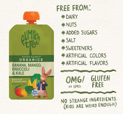 Pumpkin Tree Peter Rabbit Organics, Banana, Mango, and Kale, 4 Squeeze Pouch, Mango, Broccoli & Kale, 4.4 Ounce (Pack of 10)
