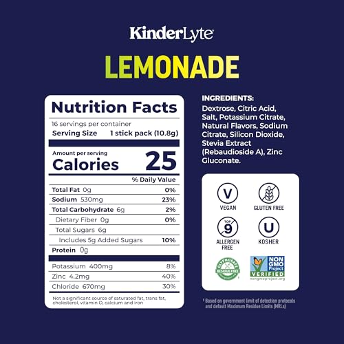Kinderlyte Electrolyte Powder for Kids and Adults - Drink Mix Hydration Packets (Lemonade, 16 Count), No Artificial Sweeteners or Flavors, No Synthetic Dyes, Vegan, Non-GMO, Gluten-Free