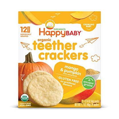 Happy Baby Organics Baby Snacks, Gentle Teething Crackers, Gluten Free & Vegan, Mango & Pumpkin, 12 Count (Pack of 6)