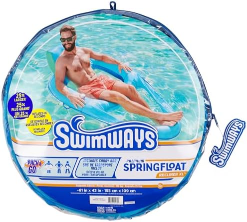 SwimWays Spring Float Premium XL Recliner Chair, Inflatable Pool Floats Adult with Fast Inflation, 25% Larger Than Recliner, Supports Up to 300 lbs