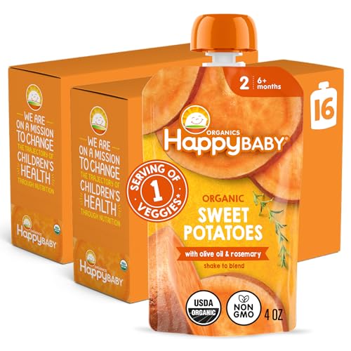 Happy Baby Organics Savory Blends Stage 2 Baby Food, Sweet Potatoes with Olive Oil + Rosemary, 4 Ounce Pouch (Pack of 16)