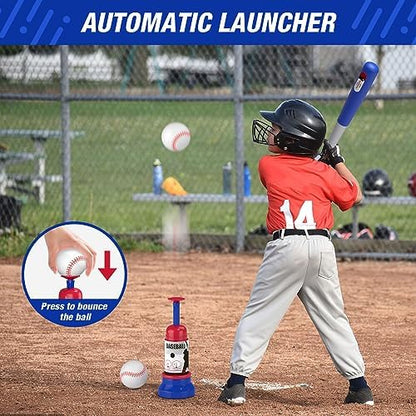 3-in-1 Baseball Set for Kids 3-5 - Tee Ball Stand, Hanging Tee, Ball Launcher and 6 Softballs - Adjustable Height, Indoor/Outdoor Sport Gifts for Boys, Blue