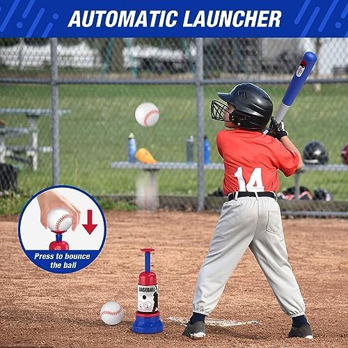 4 in 1 T Ball Sets for Kids 3-5 with Toss and Catch Ball Set, Hanging Tee Stand with Auto Pitching Machine/ 2 Bats, Indoor Outdoor Toys Birthday Baseball Gifts for Toddler Boys Girls, Blue