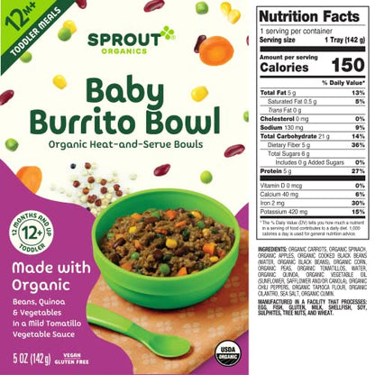 Sprout Organic Baby Food, Toddler Meals, Veggie Burrito Bowl with Beans & Quinoa, 5 Oz Bowl (8 Count)