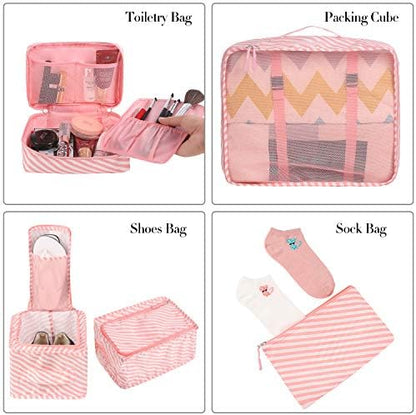BAGAIL 8 Set Packing Cubes Luggage Packing Organizers for Travel Accessories-White and Pink Stripe