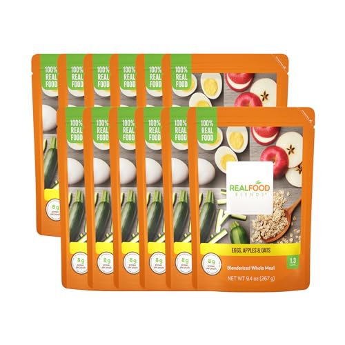 Real Food Blends Eggs, Apples & Oats - Pureed Food Meals for Tube Feeding with Protein, Vegetables & Fruits - 320 Calories for Breakfast, Lunch & Dinner - 9.4 oz (Pack of 12)