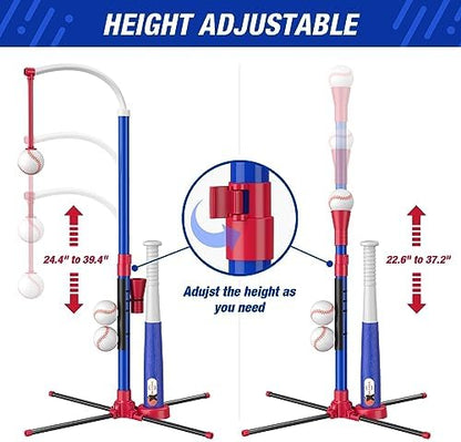 3-in-1 Baseball Set for Kids 3-5 - Tee Ball Stand, Hanging Tee, Ball Launcher and 6 Softballs - Adjustable Height, Indoor/Outdoor Sport Gifts for Boys, Blue