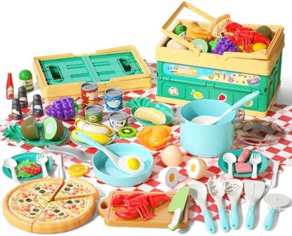 80Pcs Kitchen Playset, Toddler Pretend Cooking with Pots, Pans, Cookware, Food, Picnic Blanket, Fruits, Veges, Shopping Storage Basket, Dessert, Learning Gift for Girls Boys (Turquoise)