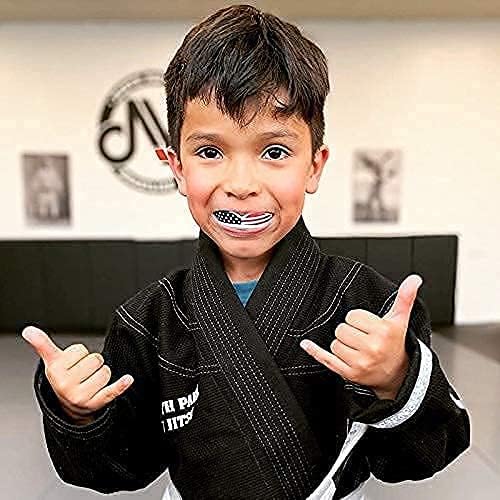 Youth Sports Mouth Guard for Kids (USA Flag, Fangs, 20+ Colors to Choose from) Mouthguard for Football, MMA, Karate, Boxing, Rugby, BJJ, Flag Football – /w Case (Youth, Strapless)