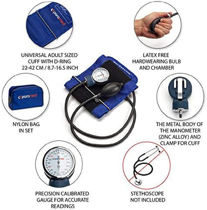 PARAMED Aneroid Sphygmomanometer – Manual Blood Pressure Cuff with Universal Cuff 8.7-16.5" and D-Ring – Carrying Case in The kit – Blue – Stethoscope Not Included