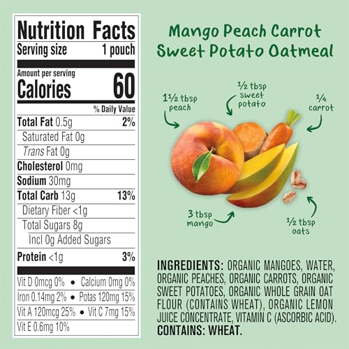 Gerber Organic For Baby 2nd Foods Pouches Immune Builder Variety Pack (3) Carrot Apple Mango (3) Mango Peach Carrot Sweet Potato Oatmeal (3) Pear Mango Avocado 1.96lb (18 Pack)