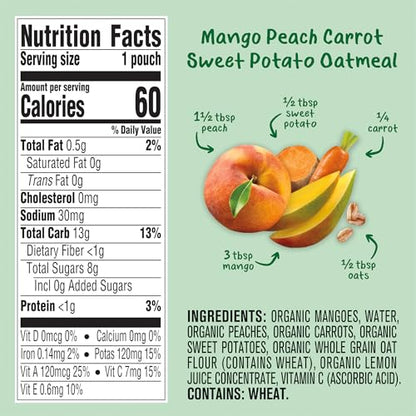 Gerber Organic For Baby 2nd Foods Pouches Immune Builder Variety Pack (3) Carrot Apple Mango (3) Mango Peach Carrot Sweet Potato Oatmeal (3) Pear Mango Avocado 1.96lb (18 Pack)