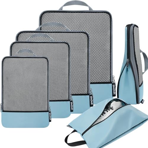 BAGAIL 4 Set/6 Set/8 Set Compression Packing Cubes Travel Accessories Expandable Packing Organizers (Half Mesh, 6-Dusty Blue)