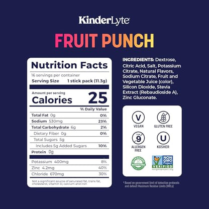 Kinderlyte Electrolyte Powder for Kids and Adults - Drink Mix Hydration Packets (Fruit Punch, 16 Count), No Artificial Sweeteners or Flavors, No Synthetic Dyes, Vegan, Non-GMO, Gluten-Free