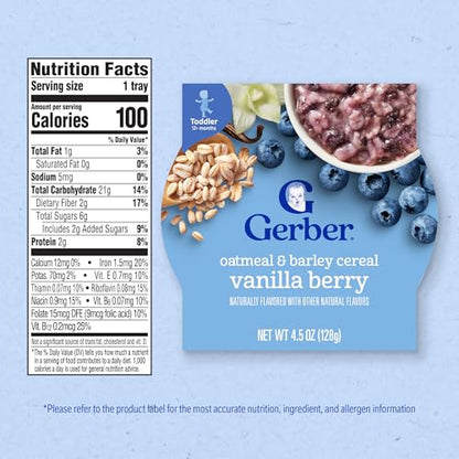 Gerber Toddler Food, Baby Food, Breakfast Oatmeal with Barley, Vanila Berry Flavor, Cereal, Iron Helps Support Brain Development, 8 Pack