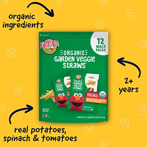 Earth's Best Organic Kids Snacks, Sesame Street Toddler Snacks, Organic Garden Veggie Straws for Toddlers 2 Years and Older, Original, Multipack, .5 oz Bags, 12 Count (Pack of 2)