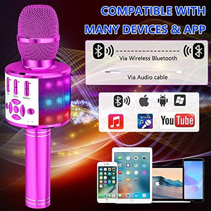 Amazmic Kids Karaoke Microphone Machine Toy Bluetooth Microphone Portable Wireless Karaoke Machine Handheld with LED Lights, Gift for Children Adults Birthday Party, Home KTV(Purple)