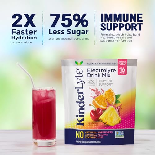 Kinderlyte Electrolyte Powder for Kids and Adults - Drink Mix Hydration Packets (Fruit Punch, 16 Count), No Artificial Sweeteners or Flavors, No Synthetic Dyes, Vegan, Non-GMO, Gluten-Free
