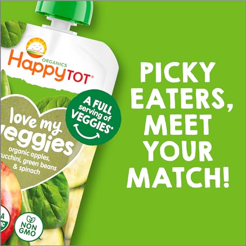 Happy Tot Organics Stage 4 Baby Food Pouches,Gluten Free, Vegan Snack, Love My Veggies, Fruit & Veggies Puree, Apples, Zucchini, Green Beans & Spinach 4.22 oz Pouch (Pack of 16)
