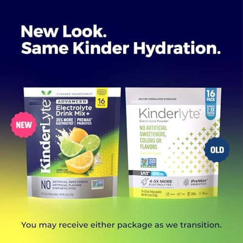 Kinderlyte Advanced Electrolyte Powder for Kids and Adults - Drink Mix Hydration Packets (Lemon Lime, 16 Count), with PreMax Prebiotics, No Artificial Sweeteners or Flavors, No Synthetic Dyes
