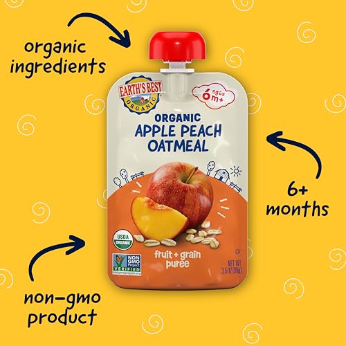 Earth's Best Organic Baby Food Pouches, Fruit and Grain Puree for Babies 6 Months and Older, Organic Apple Peach and Oatmeal Puree, 3.5 oz Resealable Pouch (Pack of 12)