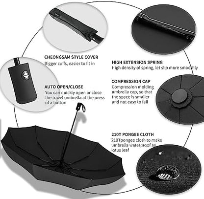 SIEPASA Two Packs Auto Open & Close Small Travel Umbrella Compact for Backpack-Umbrellas for Rain, Windproof Lightweight Strong Mini Portable Umbrellas for Men and Women.(Black, 2 Pack)