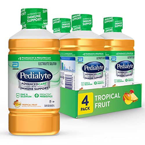 Pedialyte AdvancedCare Electrolyte Solution Has PreActivPrebiotics | Hydration Drink | Tropical Fruit, 1 Liter, Pack of 4