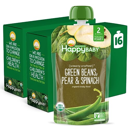 Happy Baby Organics Stage 2 Baby Food Pouches, Gluten Free, Vegan & Healthy Snack, Clearly Crafted Fruit & Veggie Puree, Green Beans, Pears & Spinach, 4 Ounces (Pack of 16)