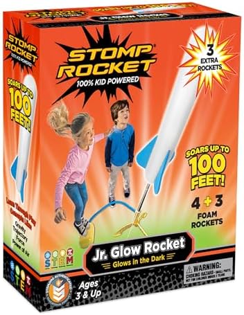 Stomp Rocket Jr Glow Rocket Launcher for Kids, 7 Rockets - Glow in The Dark Fun Backyard & Outdoor Kids Toys Gifts for Boys & Girls -Toy Soft Foam Blaster Set - Multi-Player Adjustable Launcher Stand