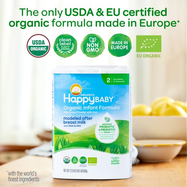 Happy Baby Organics Stage 2 Infant Formula, 6 12 Months, Milk Based Organic Baby Formula Powder with Iron, Probiotics & Prebiotics for Immune & Digestive Support, 22.9 Ounce (Pack of 3)