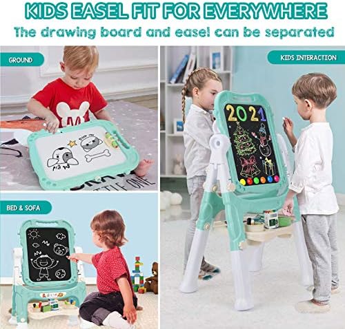 Easel for Kids,Rotatable Double Sided Easel for Kids Adjustable Standing Art Easel with Painting Accessories for Toddlers Boys and Girls-Green