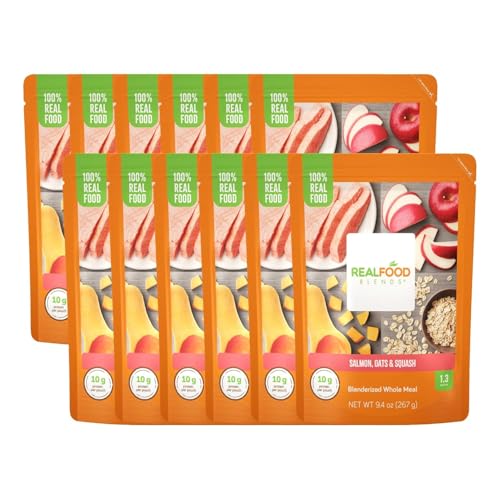 Real Food Blends Salmon, Oats & Squash - Pureed Food Meals for Tube Feeding with Protein, Vegetables & Fruits - 330 Calories for Lunch & Dinner - 9.4 oz (Pack of 12)