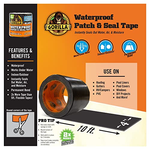 Gorilla Waterproof Patch & Seal Tape, Black Tape, 4" x 10' (Pack of 2) - Permanent Weather Resistant Seal for Leaks and Repairs