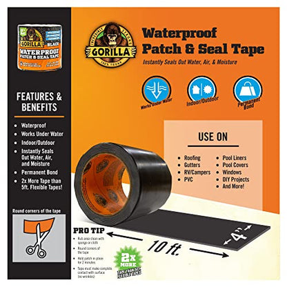 Gorilla Waterproof Patch & Seal Tape, Black Tape, 4" x 10' (Pack of 2) - Permanent Weather Resistant Seal for Leaks and Repairs