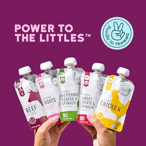 Serenity Kids 6+ Months Meats + Veggies Mixed Baby Food Puree Pouch Variety Pack - No Sugary Fruits or Added Sugar - 3.5 Oz BPA & Allergen Free Pouch- Baby Puree Variety Pack (3.5 Ounce (Pack of 8))