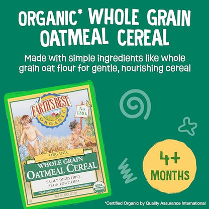 Earth's Best Organic Baby Food, Organic Whole Grain Oatmeal Baby Cereal, Non-GMO, Easily Digestible and Iron Fortified Baby Food, 8 oz Box (Pack of 12)