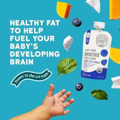 Serenity Kids 6+ Months Dairy Free Smoothie Baby Food - USDA Organic - Grass Fed Collagen Protein - 3.5 Ounce BPA-Free Pouch - Berry Butternut Protein Smoothie Baby Pouches - 6 Count