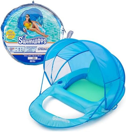 SwimWays Spring Float Premium Recliner with Canopy Pool Lounger, Inflatable Pool Floats Adult with Fast Inflation for Ages 15 & Up, Sky Blue