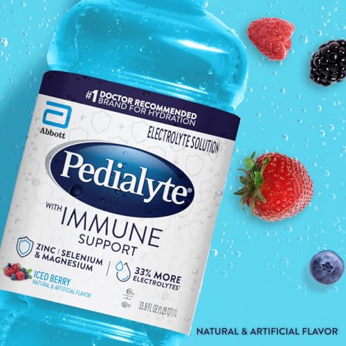 Pedialyte with Immune Support Electrolyte Solution, Hydration Drink with Zinc, Selenium, and Magnesium, Iced Berry, 1 Liter, Pack of 4