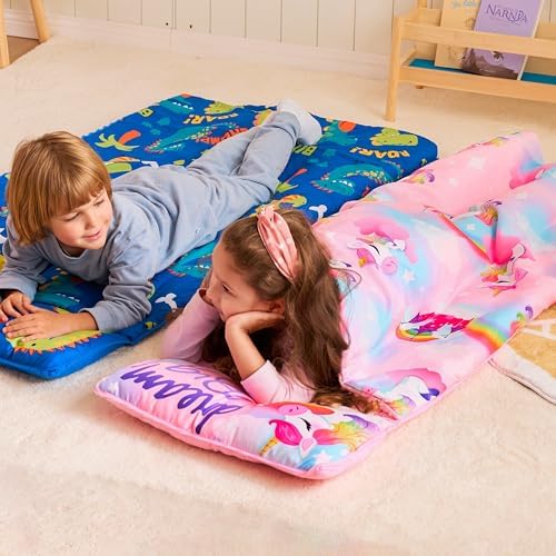 JOIEDOMI Toddler Nap Mat for Preschool 55''x30'' Sleeping Mat with Removable Pillow and Minky Blanket for Kids Ages 3-7 Roll Up Soft Kids Sleeping Bag for Boys Girls Kindergarten Daycare Sleepover