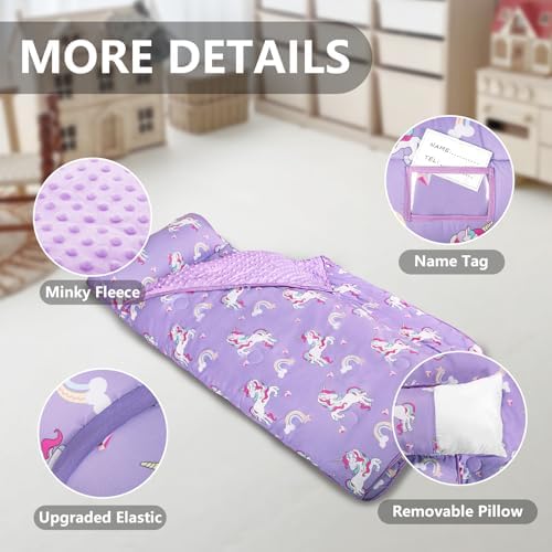Primlect Thickened Toddler Nap Mat with Removable Pillow and Minky Blanket, Extra Large 55''x35'' Sleeping Bag, Washable, Roll up, Perfect for Daycare, Preschool, Kindergarten, Boys and Girls Unicorn